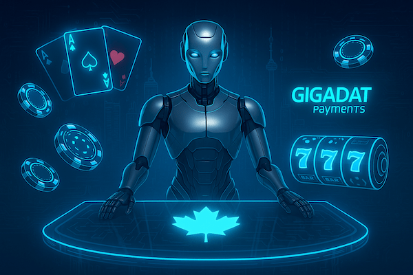 A featured image for an article about the best Gigadat casino site in Canada. Showing a gaming table, chips, cards, and a slot machine.