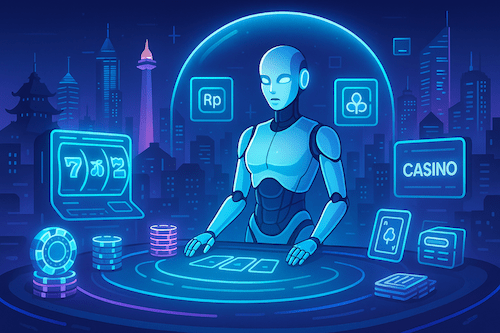 featured image for an article about the best online Casino Indonesia sites. The iamge show slot machines, a robot dealer, cards, and the Jakarta skyline