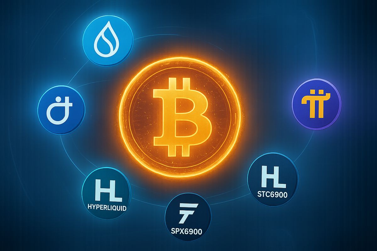 ภาพประกอบ 5 เหรียญ Altcoin ที่น่าจับตา ได้แก่ SUI, Pi Network, และอื่น ๆ โคจรรอบ Bitcoin โดยมีเงาของ Donald Trump อยู่เบื้องหลัง