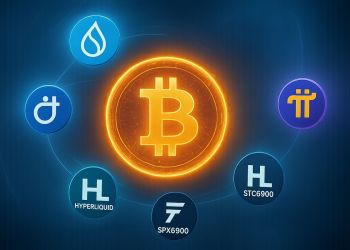 ภาพประกอบ 5 เหรียญ Altcoin ที่น่าจับตา ได้แก่ SUI, Pi Network, และอื่น ๆ โคจรรอบ Bitcoin โดยมีเงาของ Donald Trump อยู่เบื้องหลัง