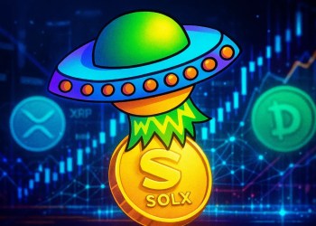 Altcoin Solaxy ($SOLX) prikazan ispred XRP i Dogecoin kovanica, uz prikaz blockchain mreže i digitalnih grafikona.