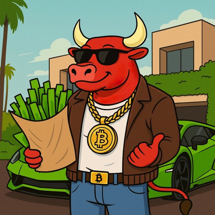 ثور أحمر بزي بشري وقلادة تحمل شعار عملة بيتكوين