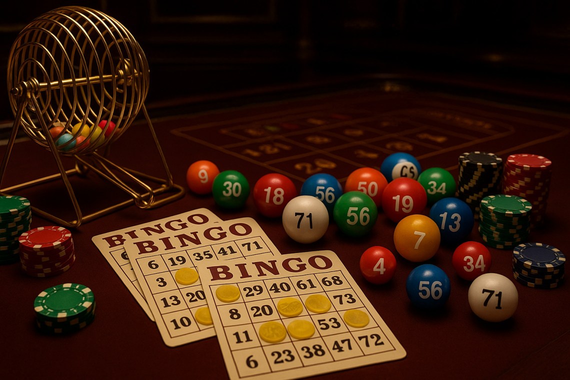 ALT:豪華なカジノの雰囲気の中で行われるビンゴゲームの画像。オンラインカジノでのビンゴゲームおすすめホーム画面