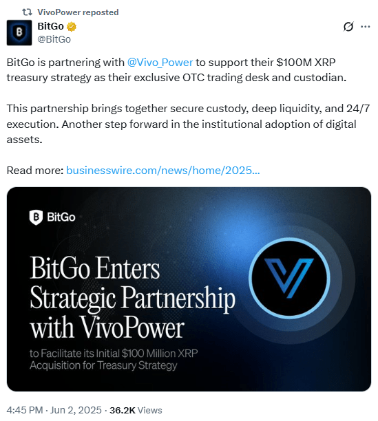 best-crypto-to-buy-now-as-strategy-leads-adoption BitGo announces VivoPower partnership on X.