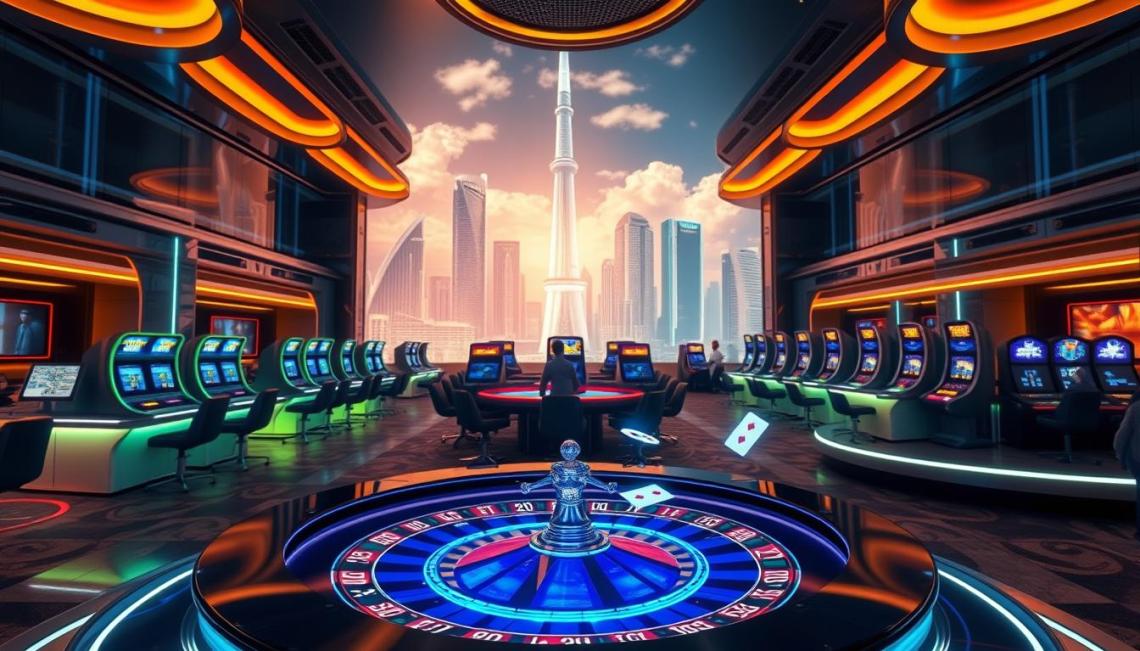 Изображение представляет собой современное онлайн-казино на блокчейне Ethereum, где игроки могут наслаждаться азартными играми с живыми дилерами. На фоне видны слоты и столы для ставок, символизирующие будущее онлайн-гейминга с использованием смарт-контрактов и криптовалюты.