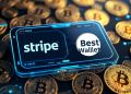 โลโก้ Stripe และ Best Wallet บนพื้นหลังกราฟ Bitcoin ที่พุ่งขึ้น แสดงถึงการเติบโตและการผสานรวมของ Bitcoin