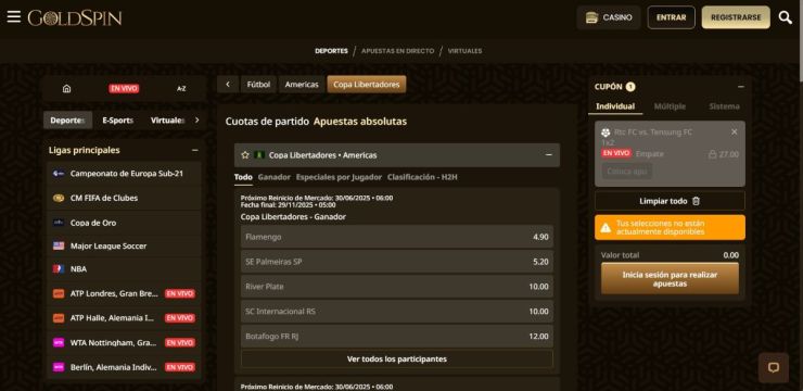 Goldspin cubre pronósticos a largo plazo de la Copa Libertadores para elegir al campeón