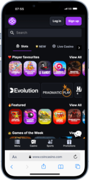 a mobile screenshot showing CoinCasino's game library