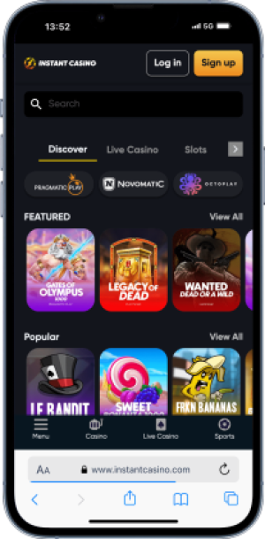 a mobile screenshot showing Instant Casino's game library, our pick for the fastest payout online casino nz