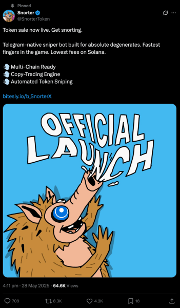 X post from official Snorter Token account announcing launch of the token presale.