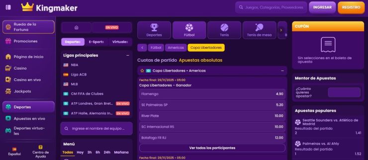 En Kingmaker puedes hacer apuestas en vivo para la Copa Libertadores mientras se desarrollan los partidos