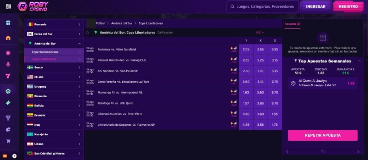 Roby Casino ya incluye cuotas de la Copa Libertadores para las rondas finales