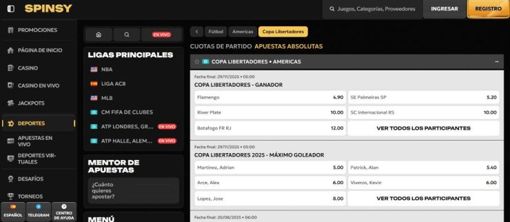 Spinsy es la primera opción para hacer apuestas de la Copa Libertadores