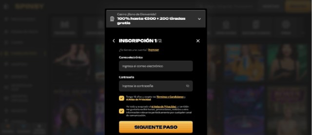datos de registro en spinsy casa de apuestas