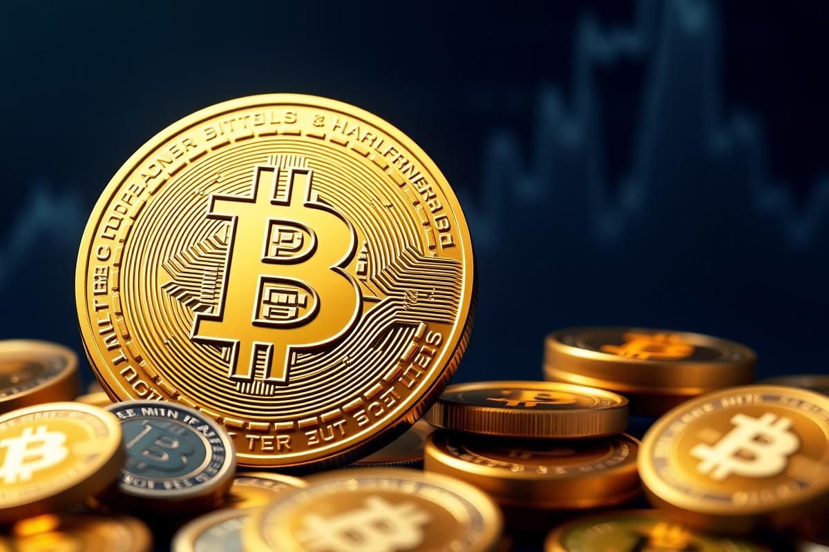 ภาพเหรียญคริปโตที่น่าลงทุน 2025 Bitcoin สีทองพร้อมกราฟขาขึ้นและ Altcoins ที่เปล่งประกาย แสดงถึงโอกาสการลงทุนและการยอมรับจากสถาบัน