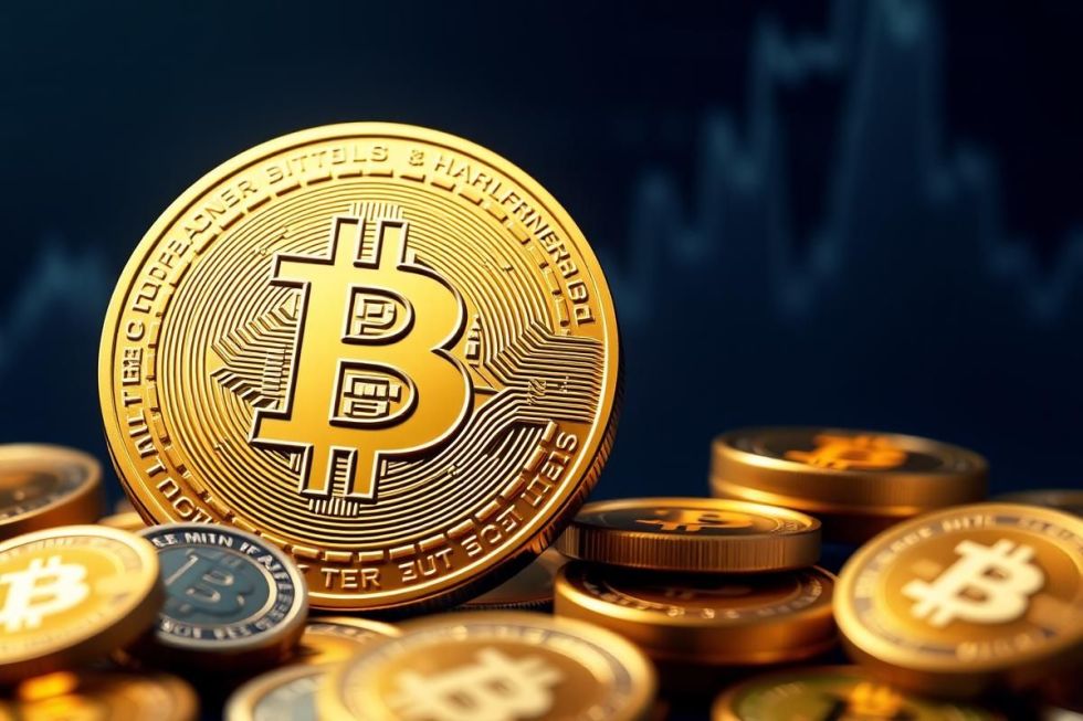 ภาพเหรียญคริปโตที่น่าลงทุน 2025 Bitcoin สีทองพร้อมกราฟขาขึ้นและ Altcoins ที่เปล่งประกาย แสดงถึงโอกาสการลงทุนและการยอมรับจากสถาบัน