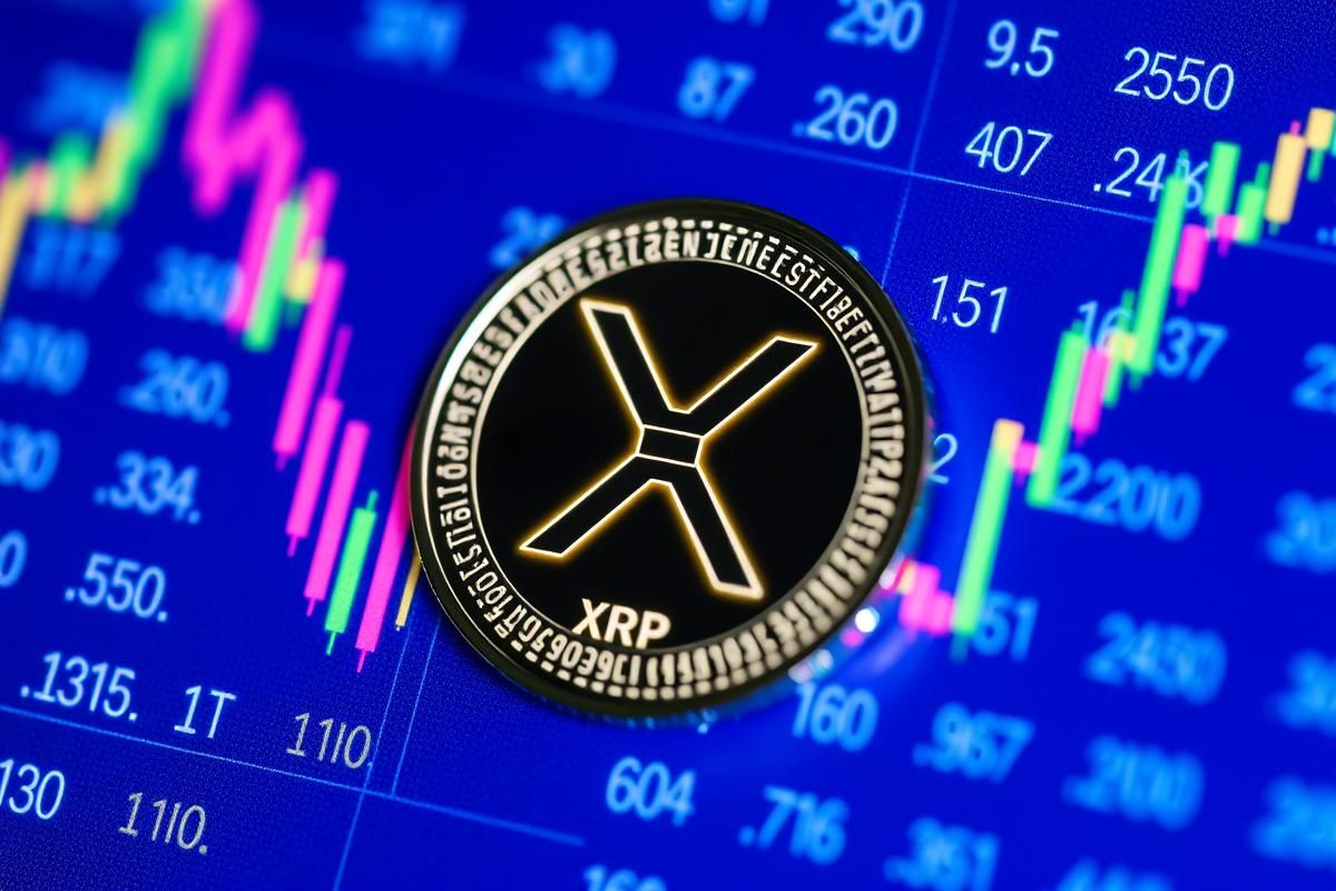 เหรียญ XRP ส่องสว่างอยู่หน้าจอข้อมูลทางการเงิน แสดงถึงศักยภาพการเติบโตของราคา
