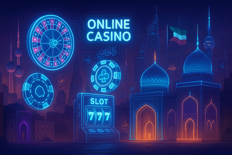 This is a featured image for an article about the best online casinos in Kuwait. It features the Kuwait flag, Arabic text, a local landmark, a slot machine, casino chips, and a roulette wheel.