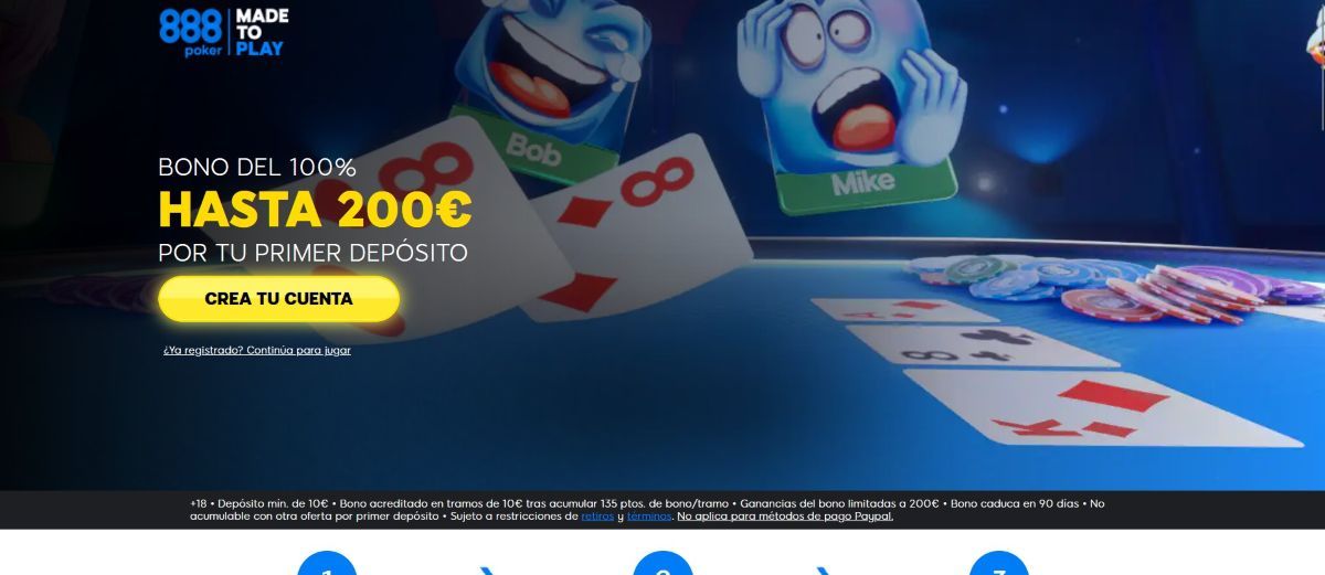888 Poker dispone de una bonificación de póker para nuevos clientes que llega hasta los 200 €