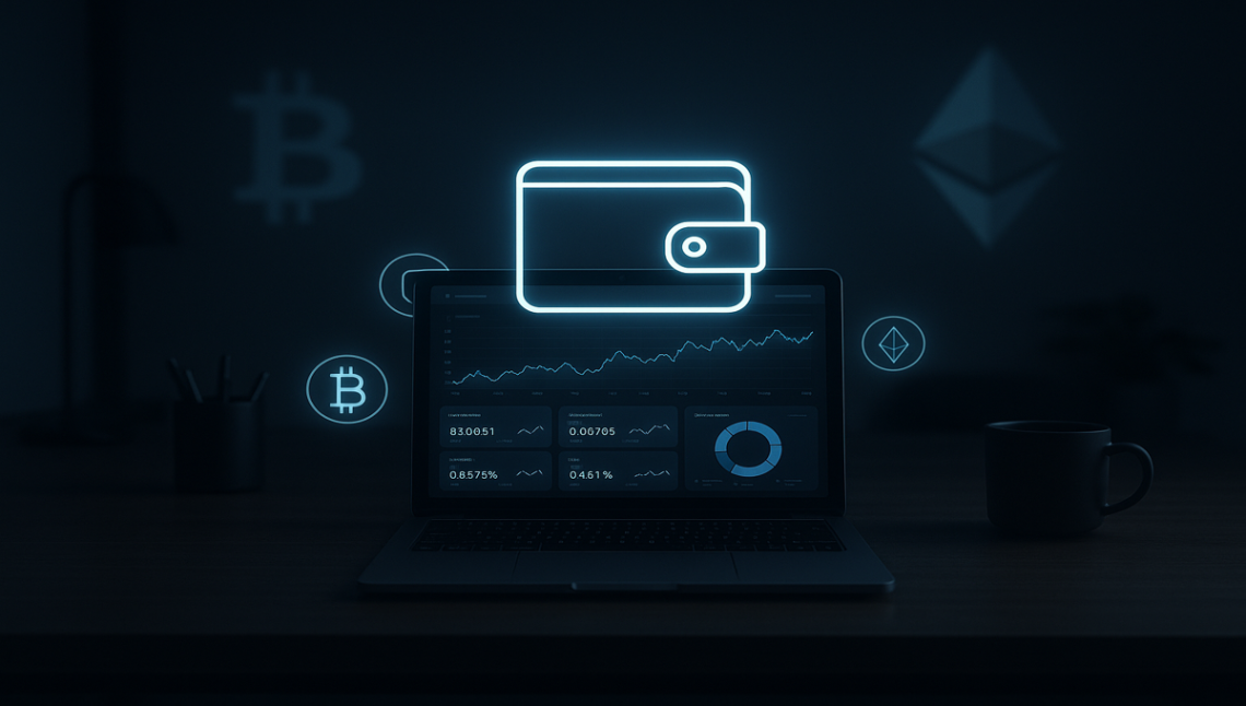 Investitor analizira kriptovalute na ekranu sa prikazom digitalnog novčanika i tržišnih grafova ulaganje u kriptovalute