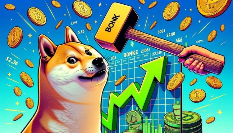كلب عملة شيبا إينو (Shiba Inu-SHIB) وبجانبه سهم أخضر صاعد وعملات بيتكوين (Bitcoin) متطايرة وفوقه مطرقة عليها عبارة "عملة بونك (Bonk-BONK)"