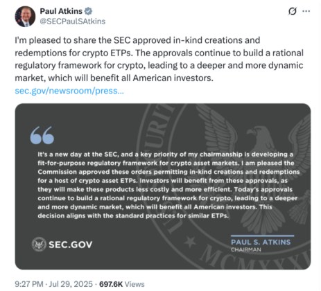 Paul Atkins X post about SEC-approved in-kind and redemptions for crypto