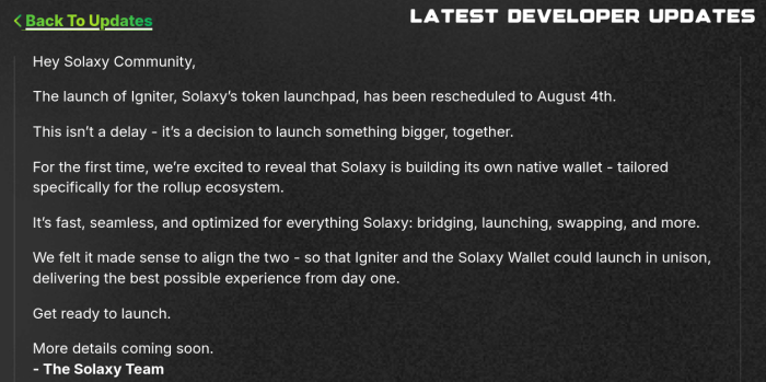 Recent dev update about the Igniter launchpad and Solaxy wallet.