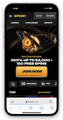 The Spinsy casino homepage on mobile.