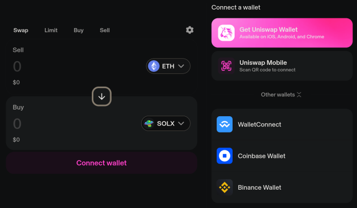Wallet options on Uniswap.