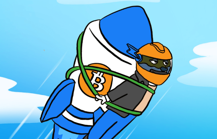 شخصية عملة بيتكوين هايبر مربوطة إلى صاروخ عليه شعار عملة بيتكوين