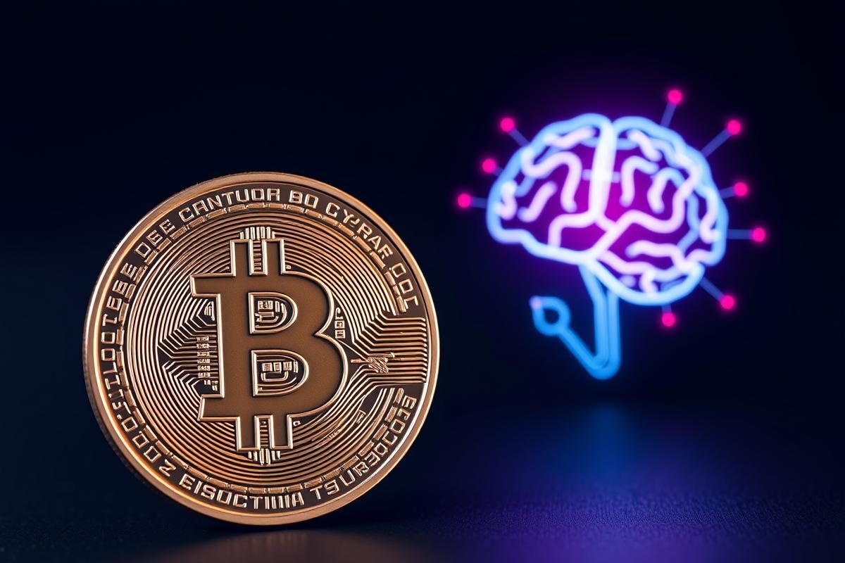 เหรียญ Bitcoin วางคู่กับไอคอนสมอง AI ที่กำลังเรืองแสง
