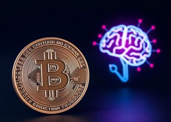 เหรียญ Bitcoin วางคู่กับไอคอนสมอง AI ที่กำลังเรืองแสง