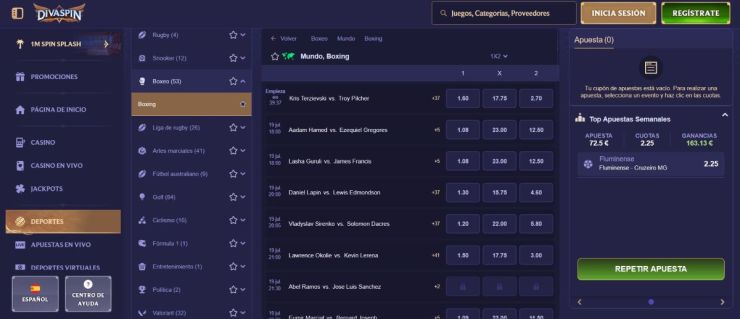 En Divaspin puedes hacer apuestas en peleas de boxeo en cualquier momento del día