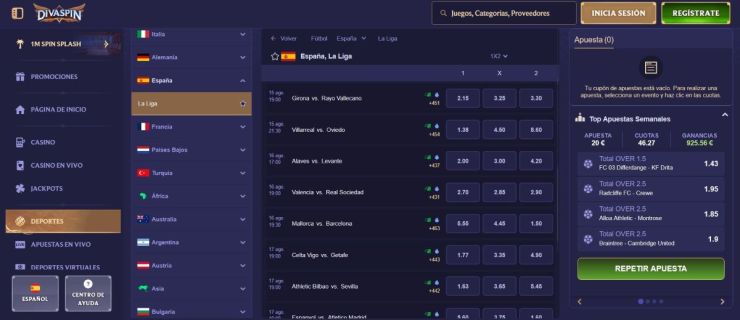 En Divaspin puedes hacer apuestas de La Liga 1x2 en todos los partidos de cada jornada