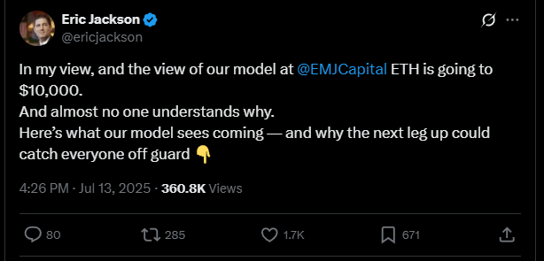 Eric Jackson X Post expliquant pourquoi il pense que Ethereum pourrait atteindre 10 000 $.