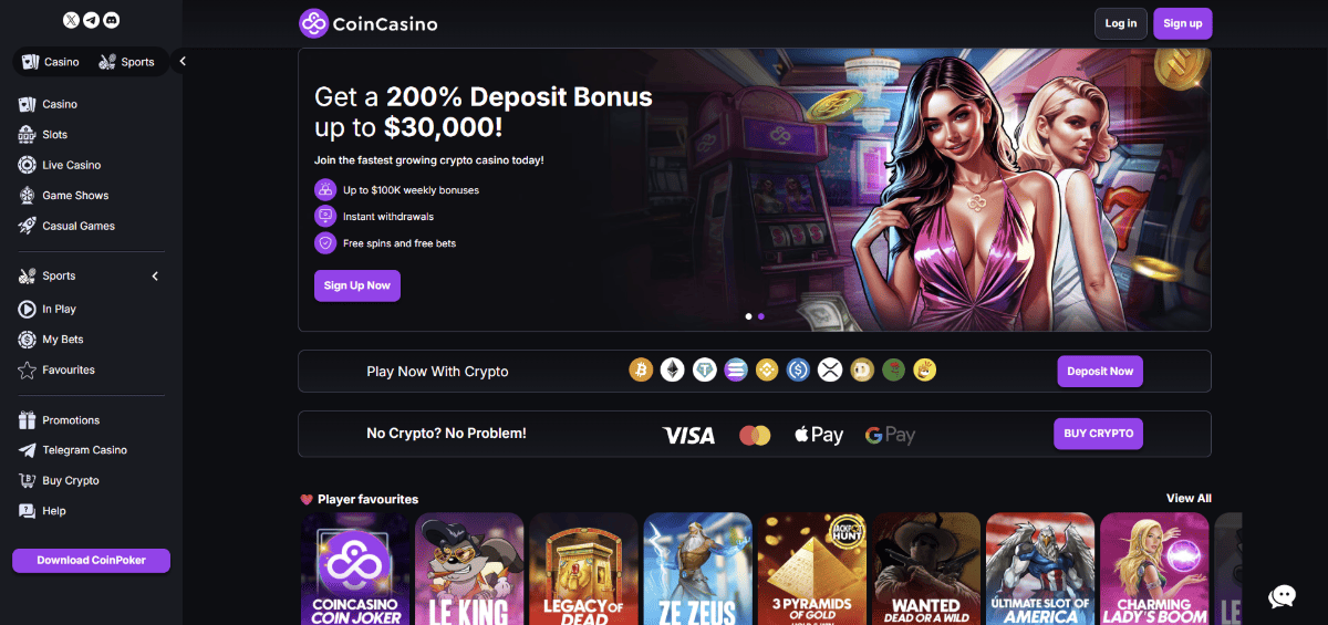 2. CoinCasino – siūlo 200% premiją ir itin greitus kripto mokėjimus – puikus startas su Plinko