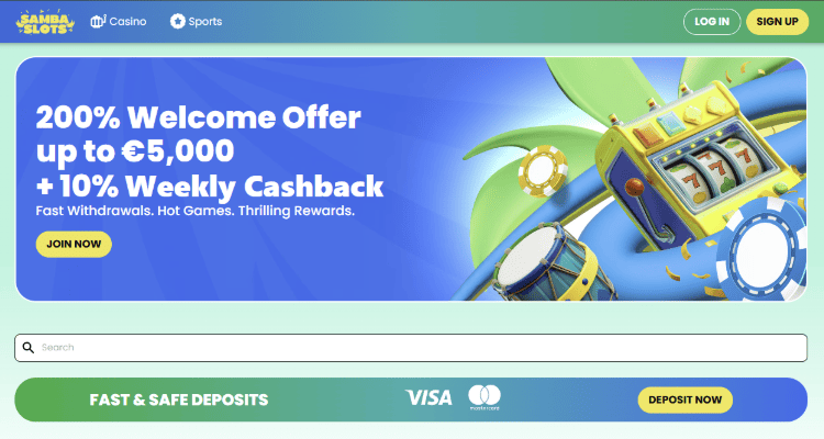 3. Samba Slots – siūlo 200% premiją ir smagius bonus turnyrus – puikus pasirinkimas norintiems daugiau iš lošimų