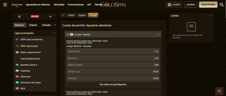 En Goldspin ya puedes apostar por el ganador de La Liga española 25/26