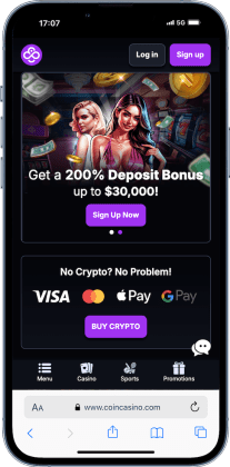 Mobile screenshot for a mini-review of CoinCasino in our list of best online casinos in Kuwait
