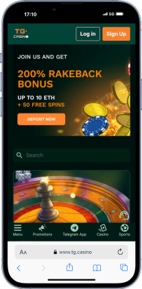 Mobile screenshot for a mini-review of TG.Casino in our list of best online casinos in Kuwait
