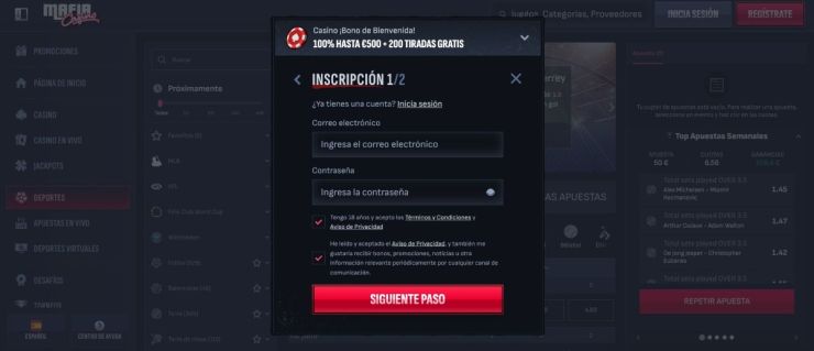 Puedes crear una cuenta en Mafia Casino con simplemente un e-mail y contraseña para utilizar Skrill