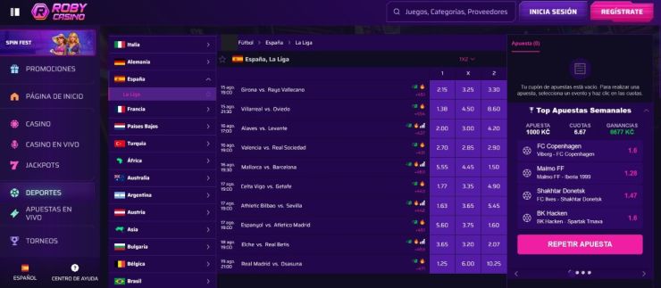 Roby Casino permite hacer apuestas en vivo de La Liga y también pre-partido