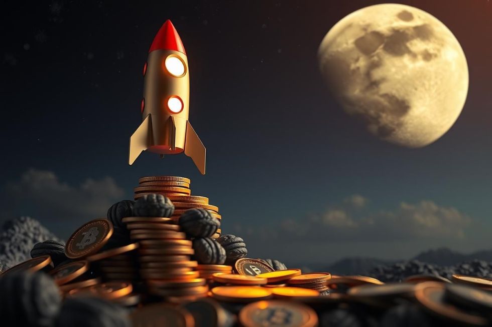 จรวดกำลังพุ่งทะยานสู่ดวงจันทร์ที่ทำจากเหรียญคริปโต สื่อถึงเหรียญคริปโตที่น่าลงทุนวันนี้ที่มีโอกาสเติบโตสูง