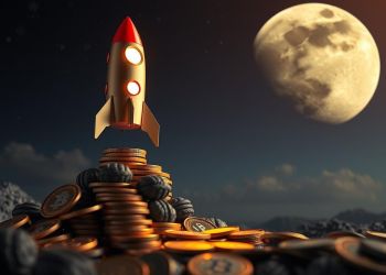 จรวดกำลังพุ่งทะยานสู่ดวงจันทร์ที่ทำจากเหรียญคริปโต สื่อถึงเหรียญคริปโตที่น่าลงทุนวันนี้ที่มีโอกาสเติบโตสูง