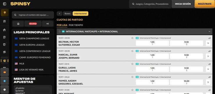 Spinsy cuenta con apuestas de boxeo al ganador y muchos otros mercados