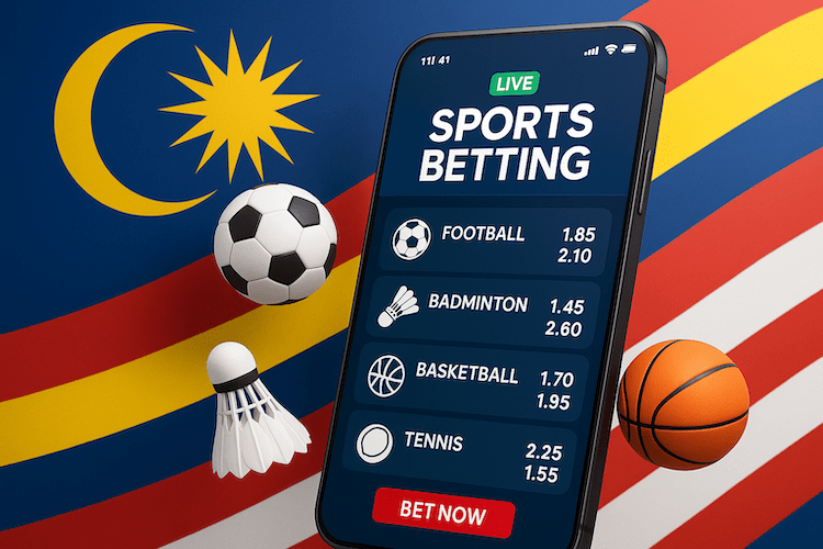 A featured image for an article about the best online betting sites in Malaysia showing a mobile sportsbook, a Malaysia flag, a badminton shuttlecock, a soccer ball, and a basketball.