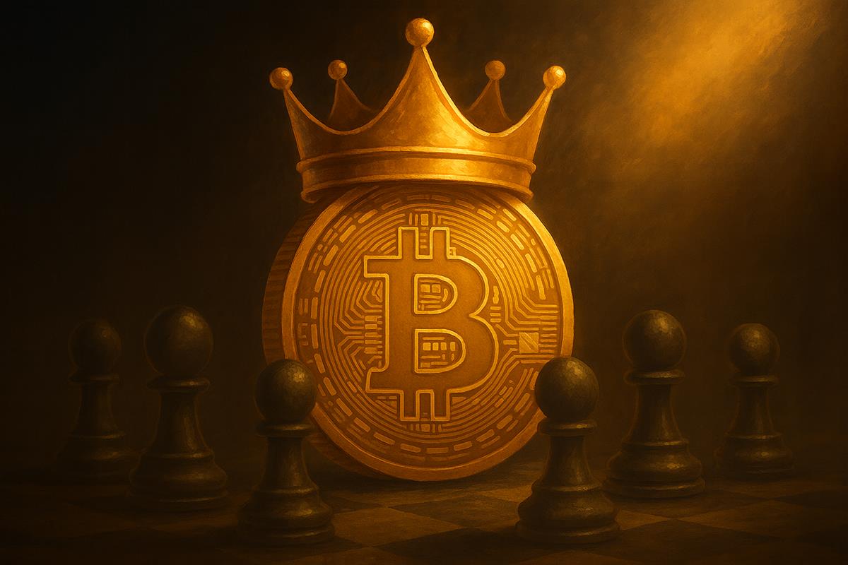 Bitcoin ทองคำสวมมงกุฎ ล้อมรอบด้วยตัวหมากรุก