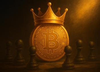 Bitcoin ทองคำสวมมงกุฎ ล้อมรอบด้วยตัวหมากรุก