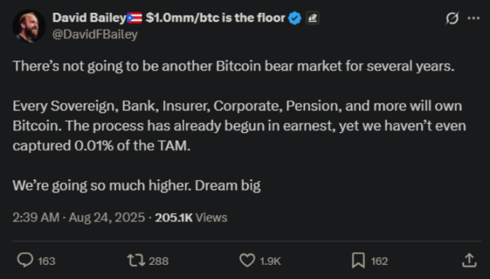 David Bailey’s X post predicting a years-long Bitcoin bull