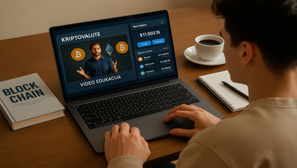 Uporabnik se izobražuje o kriptu z videi in knjigami, ob Best Wallet aplikaciji.